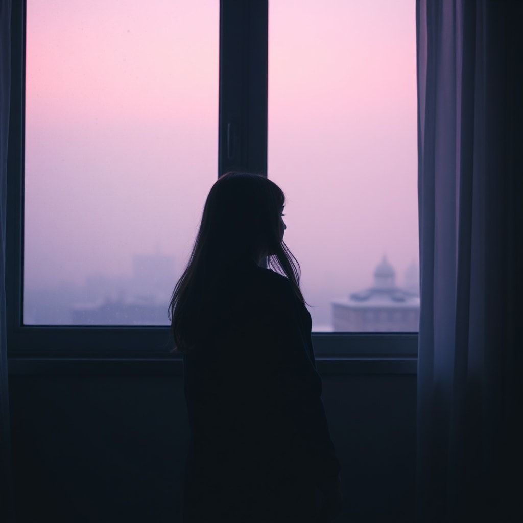 A girl stands inside a quiet room, facing away, looking out through a window. Outside, a foggy February winter unfolds — light snowfall drifts slowly through the air, and the sky glows with soft violet and muted purple tones. The city beyond the glass feels distant and blurred by mist. Cold winter light enters the room gently, casting subtle shadows. The atmosphere is calm, introspective, and emotional, capturing a moment of stillness and inner change. Cinematic composition, soft diffused lighting, shallow depth of field, cool color palette with violet accents, misty winter mood, realistic textures, gentle film grain, intimate and poetic atmosphere, like a scene from a quiet winter film.