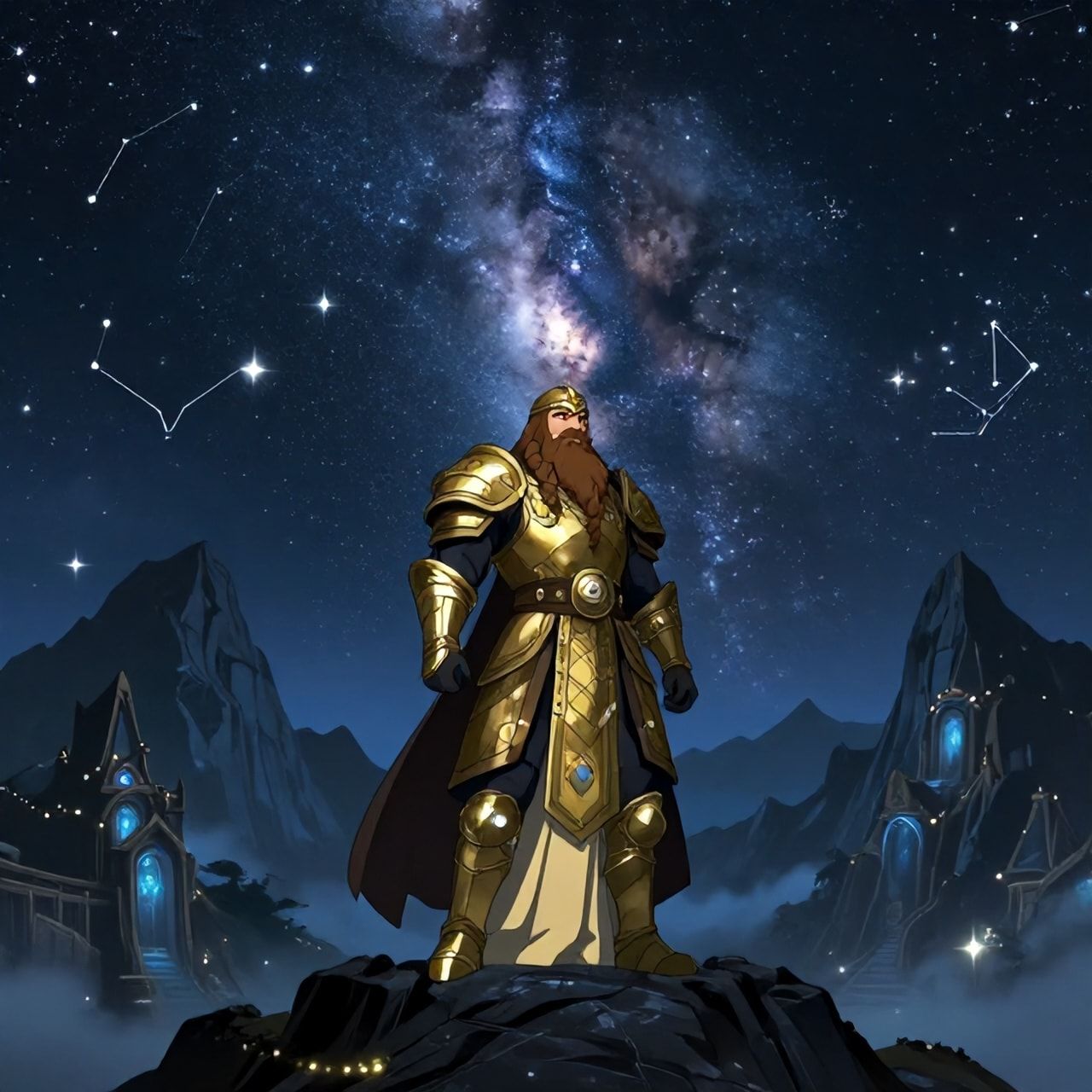 Dwarven starry night over mountains fantasy landscape, majestic dwarven warrior with long braided beard and ornate golden armor standing proudly on mountain peak under starry night sky, countless stars and constellations twinkling above, Milky Way arching across dark sky, mountain peaks silhouetted against star-filled heavens, ancient dwarven architecture on mountain slopes, ethereal blue and silver lighting from starlight, magical atmosphere, cinematic composition, cartoon style, anime art style, fantasy art style, proud and mystical mood, detailed and atmospheric, mystical glowing stars, elegant dwarven woman in ceremonial dress, strong expression, noble beauty, animated style, vibrant colors