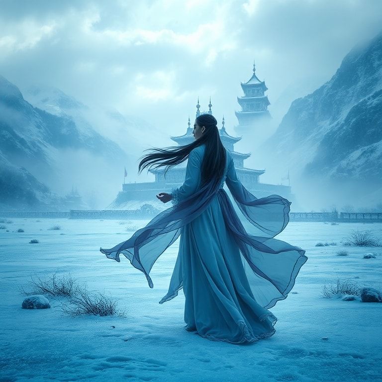 A cinematic fantasy scene inspired by ancient China: a graceful woman in an elegant, flowing Chinese fantasy robe stands alone in an icy valley. Frost and snow cover the ground, shimmering in cold blue light. In the distance, a majestic ancient Chinese castle rises through the mist, surrounded by towering snow-covered mountains. Winter wind moves her long hair and silk fabric, creating a sense of destiny and timeless power. The atmosphere is epic, mystical, and emotional, like a high-budget fantasy movie. Ultra-detailed, cinematic lighting, wide-angle shot, cold color palette, dramatic clouds, ethereal mood, 4K, film still, fantasy realism.