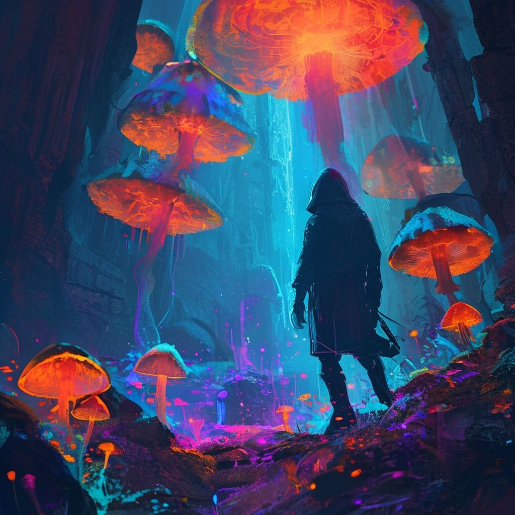 bioluminescent fungi pulse in the ruins below. A lone, hooded figure stands..