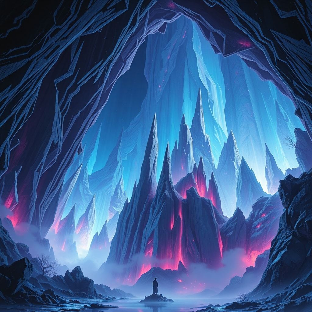 A surrealist crystal cave with towering, bioluminescent formations casting eerie blue and violet hues, impossible geometric angles defying gravity, dreamlike mist swirling between jagged spires, et...