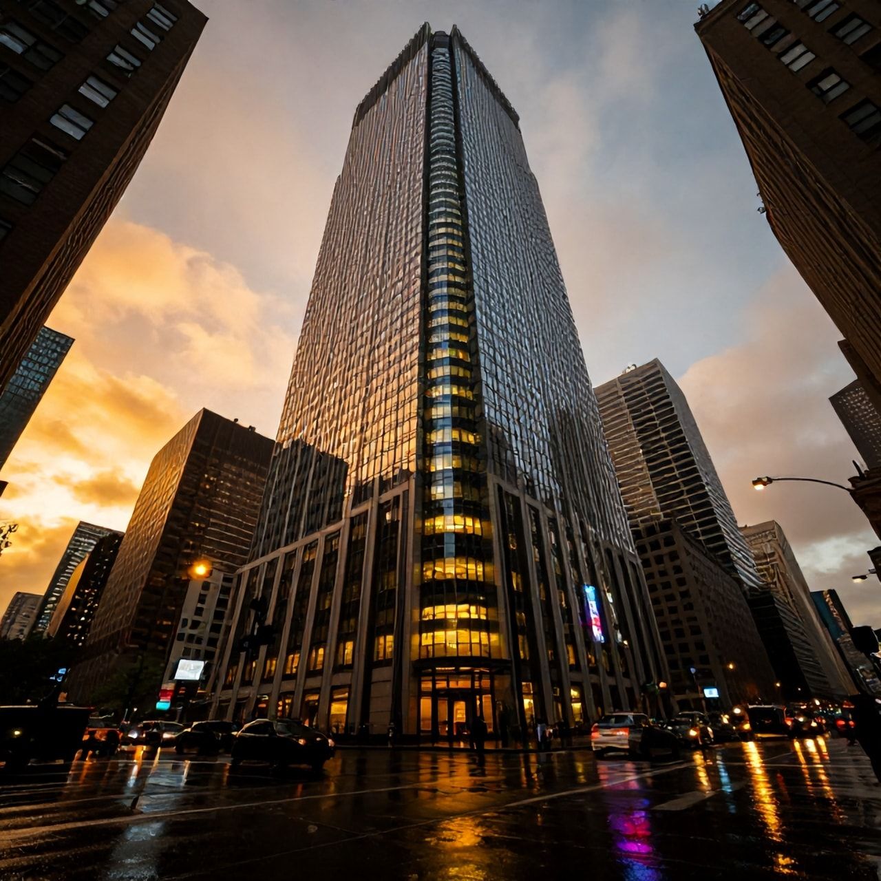 A towering skyscraper looms over a rain-slicked city at golden hour, its neon-lit windows casting jagged reflections on wet pavement, bathed in high-contrast noir lighting with deep shadows and a s...