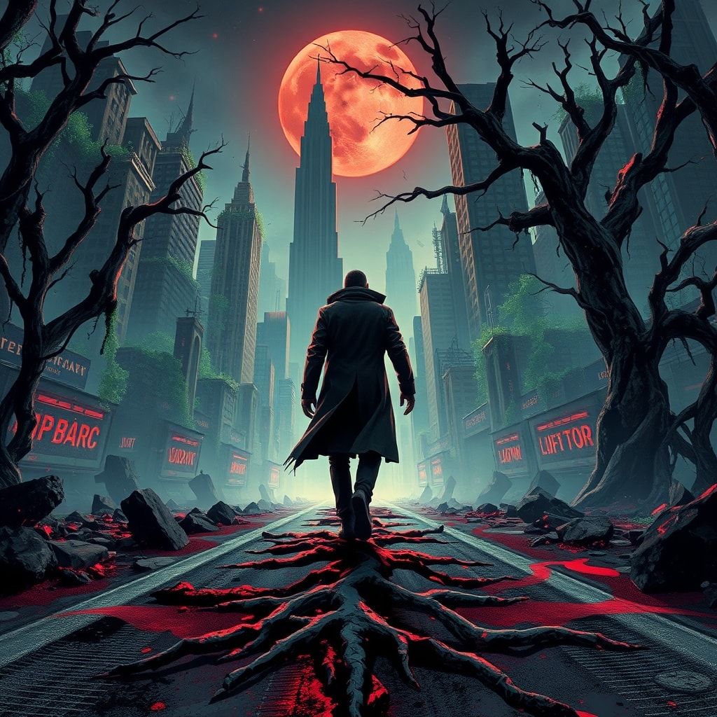 A lone figure in a tattered coat walks through the skeletal remains of a once-great city, now swallowed by towering vines and gnarled trees, their roots cracking asphalt under a blood-red moon. Neo...