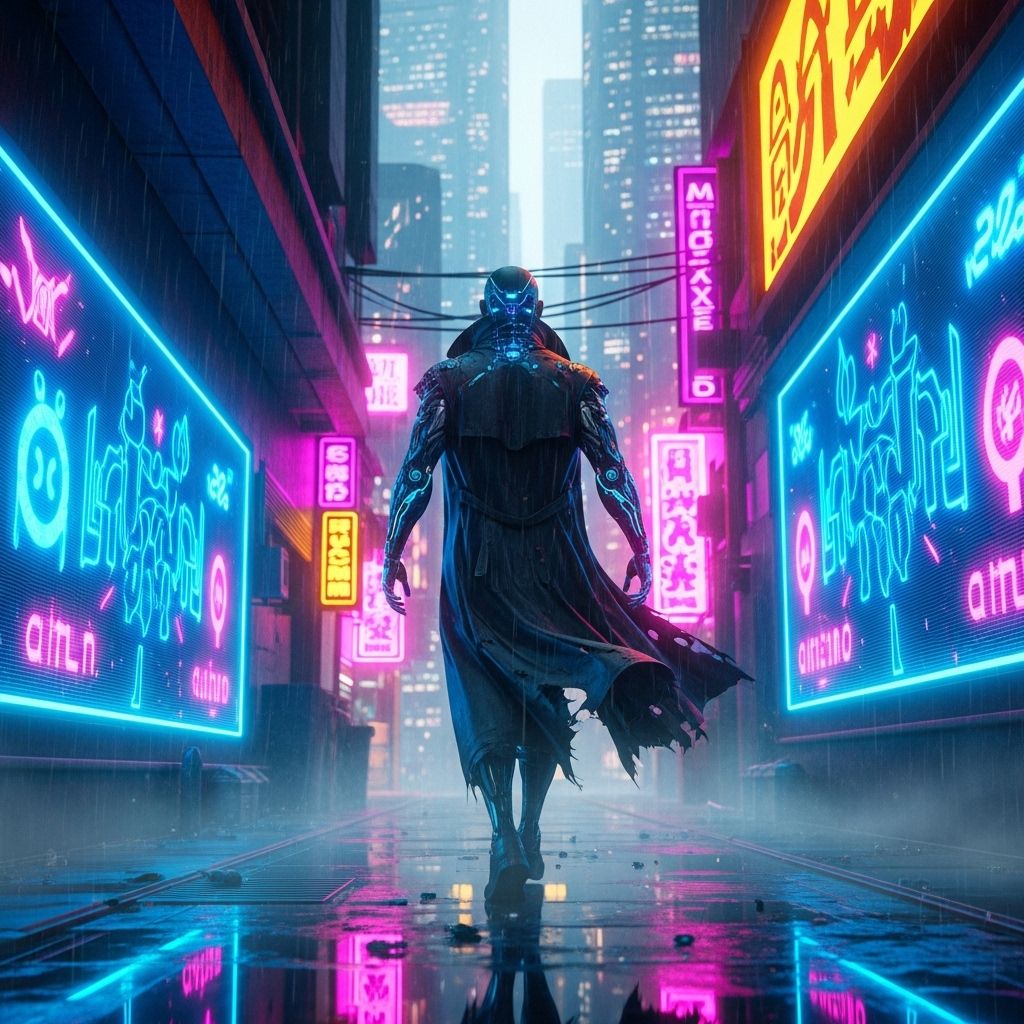 A lone cybernetic outcast, their tattered coat fluttering in the damp breeze, moves through a neon-drenched alley, the slick pavement reflecting the vibrant glow of holographic advertisements. The ...