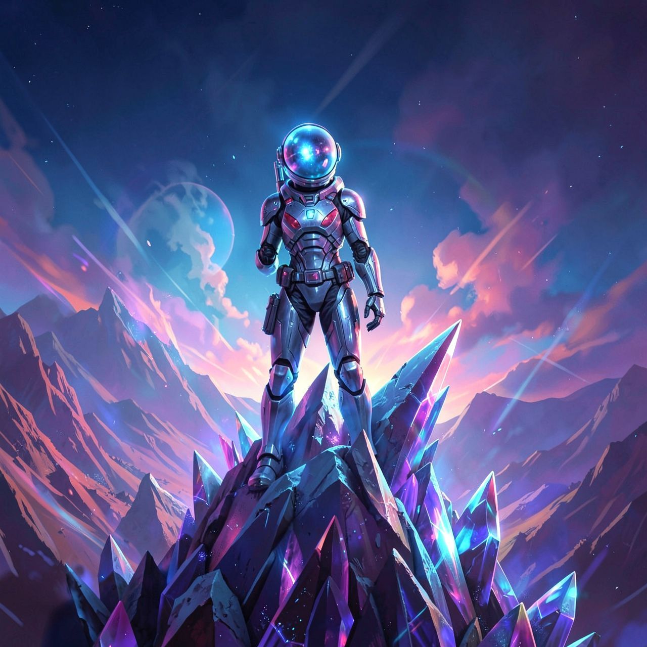 A lone astronaut in a sleek, futuristic exosuit stands atop a towering, razor-sharp crystalline ridge on a distant alien world, their helmet visor reflecting the haunting, ethereal glow of twin bio...