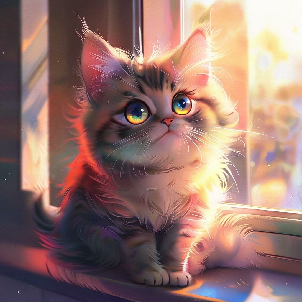 A cute, fluffy anime cat with bright, expressive eyes, sitting on a windowsill and looking at the viewer with a curious and friendly expression. The cat has a soft, detailed fur texture with vibrant colors. The scene is well-lit with warm sunlight, creating a cozy and inviting atmosphere. Art style is modern anime, high quality, 8k resolution.