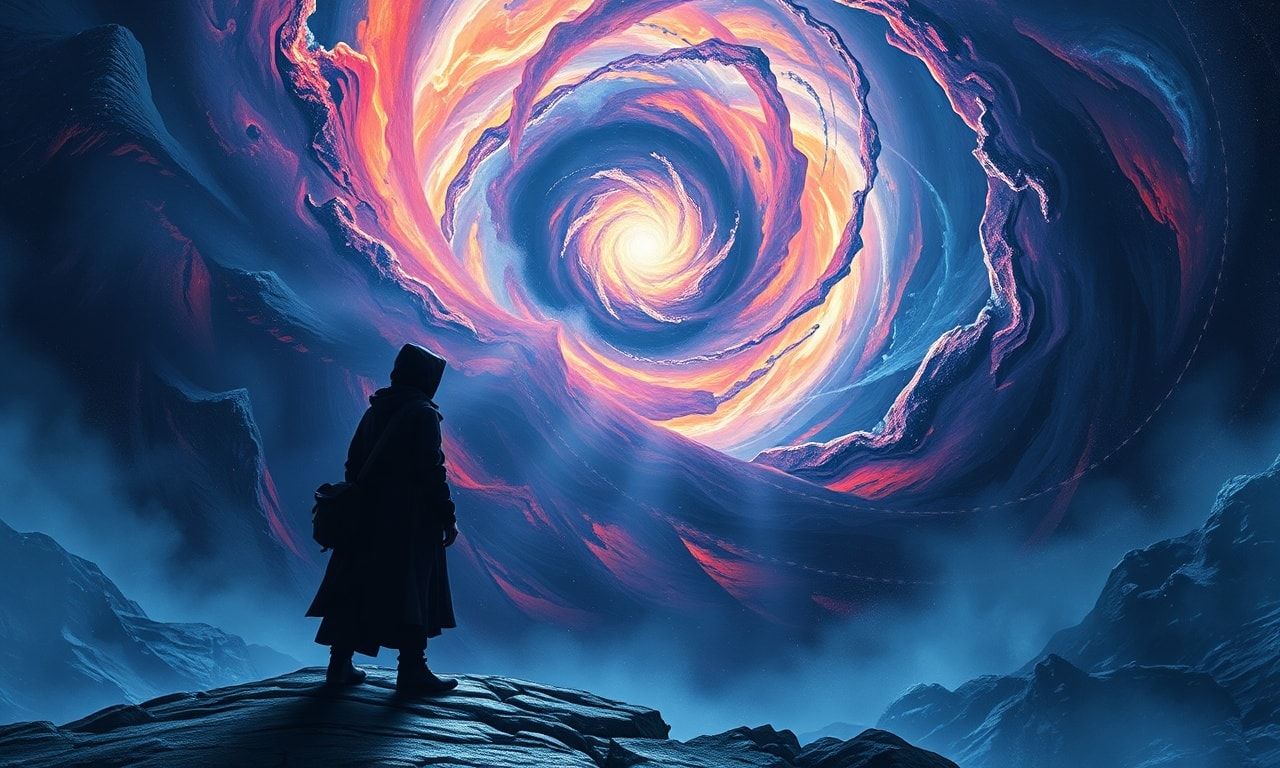 A solitary traveler, cloaked in deep indigo, stands at the edge of a cosmic maelstrom, their form etched in stark contrast against the kaleidoscopic storm of fractal energy. The vortex pulses with ...