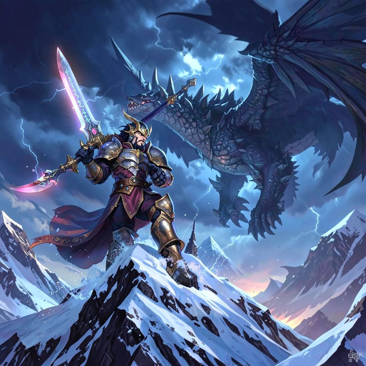A towering, armored warrior stands atop a snow-capped peak, wielding a glowing rune-etched blade as a colossal, scaled beast descends from storm-wracked skies, its wings casting jagged shadows over...