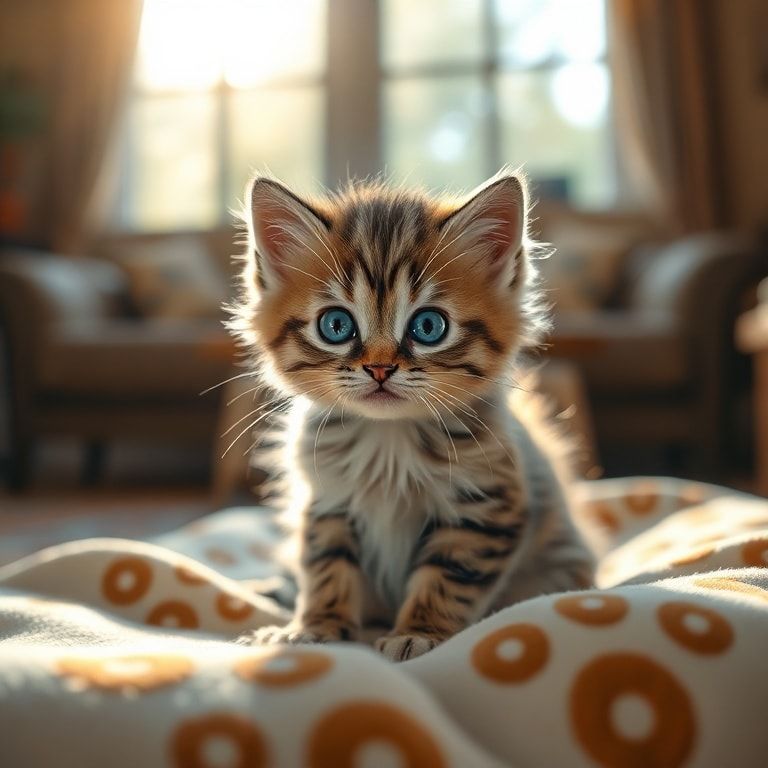 A cute, fluffy kitten with bright blue eyes, sitting on a soft, patterned blanket in a cozy living room with warm, natural sunlight streaming through a window. The kitten is looking directly at the viewer with a curious and playful expression. Photorealistic style, high detail, vibrant colors, 4K resolution, 1024x1024 pixels.