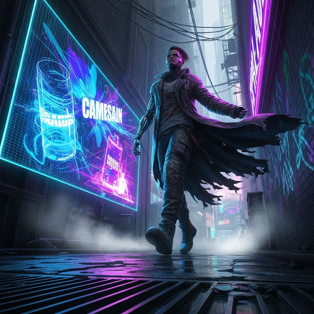 A lone cybernetically augmented outcast strides through a dystopian neon-lit alley, their tattered coat billowing as they navigate the slick, reflective pavement. The air hums with the glow of holo...