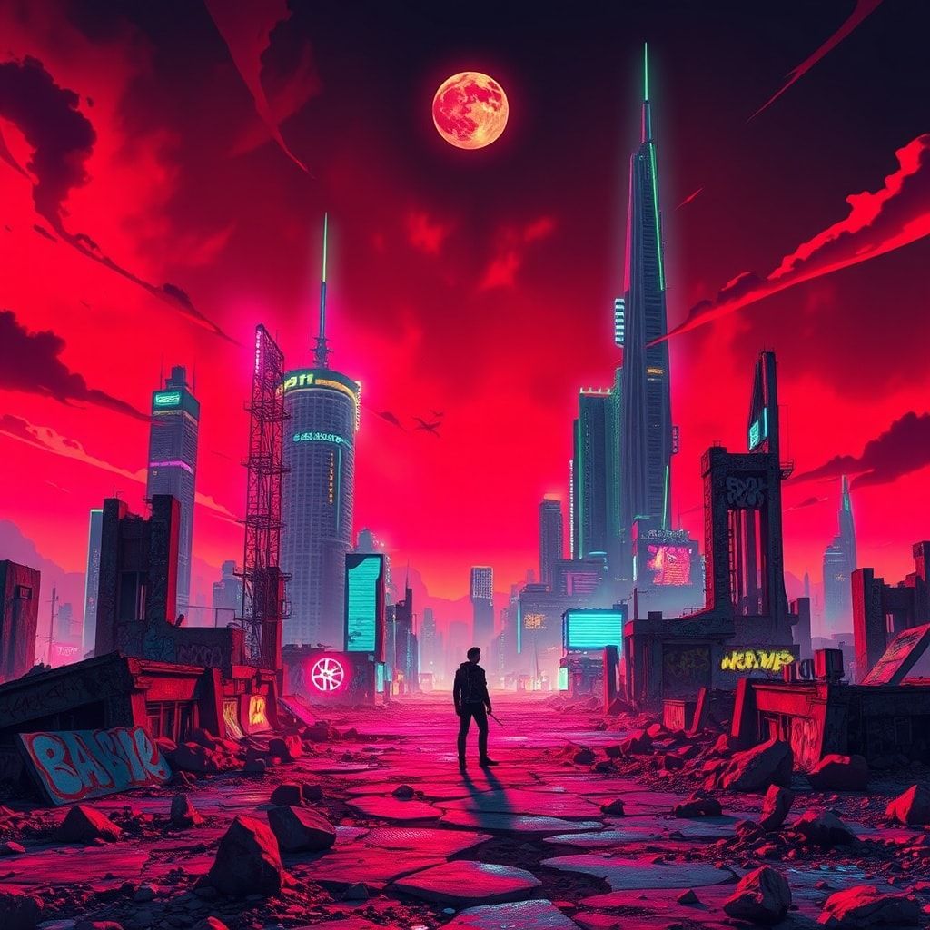 A vibrant, neon-lit wasteland under a blood-red sky, where skeletal skyscrapers glow with electric hues, graffiti-covered ruins pulse with psychedelic energy, and a lone figure in a retro-futuristi...