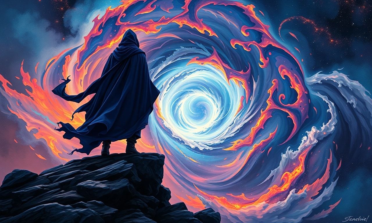 A lone wanderer, draped in a flowing indigo cloak, stands at the precipice of a swirling cosmic vortex, their silhouette sharply defined against the vibrant, fractal storm of energy. The maelstrom ...