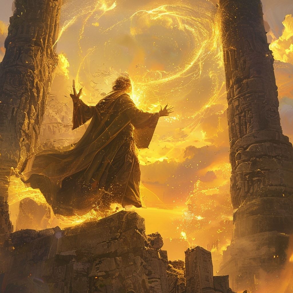A majestic wizard in flowing robes stands atop crumbling stone ruins, hands glowing with arcane energy as he casts a swirling spell into the golden hour sky. The ancient pillars frame the scene, ba...