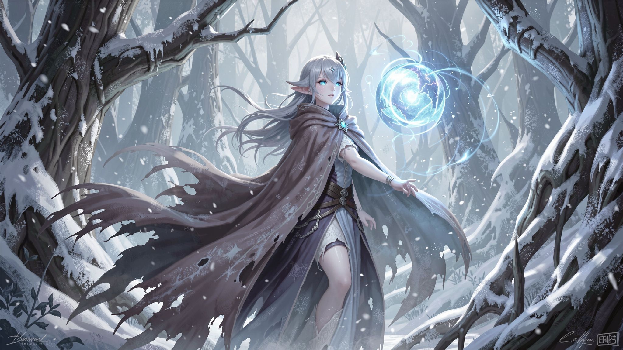 A mystical young woman with silver hair and glowing blue eyes stands amidst an ancient, snow-laden forest, her tattered cloak billowing in the icy wind as she gazes at a floating orb of ethereal li...