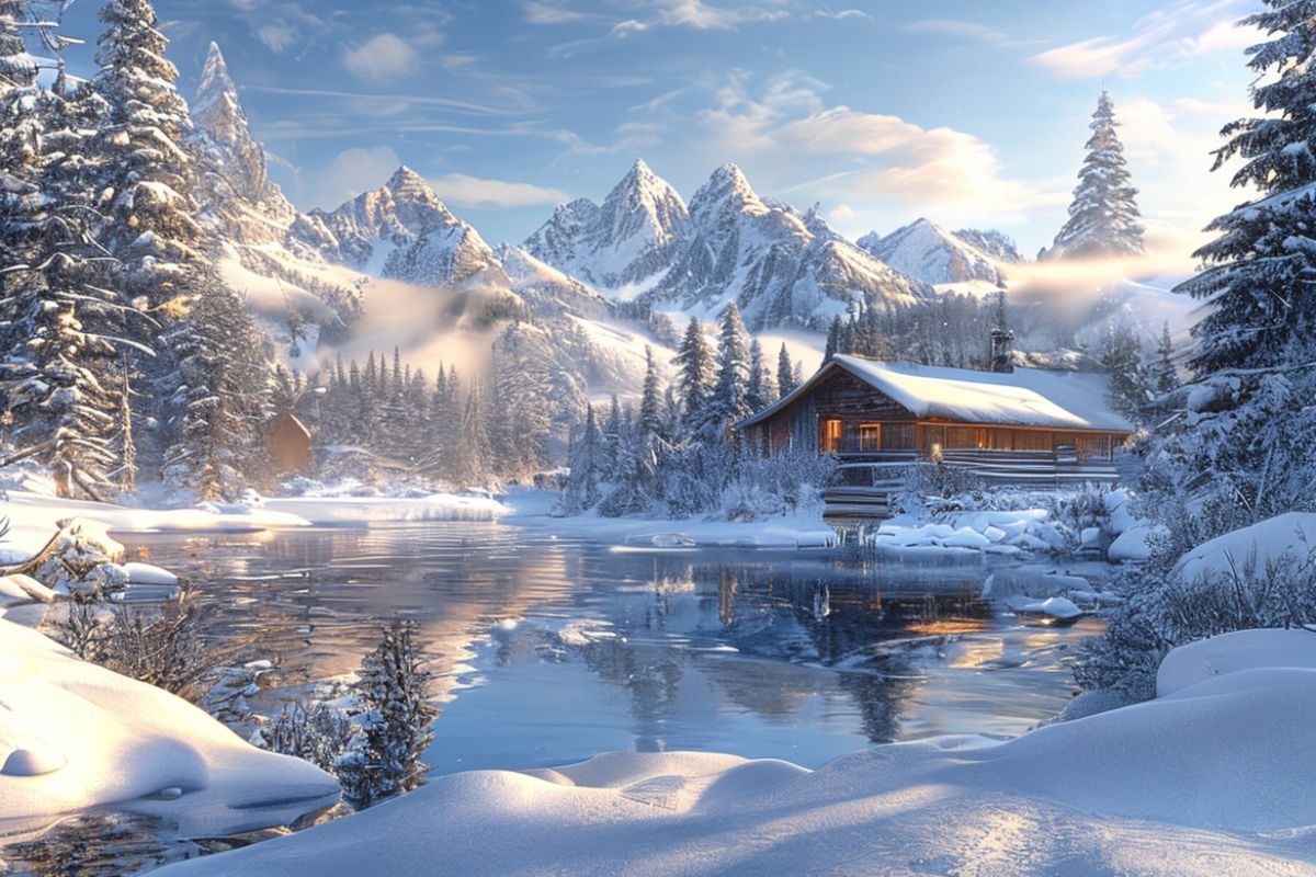 A breathtaking winter wonderland scene with snow-covered mountains in the background, a frozen lake in the middle ground reflecting the clear blue sky, and a cozy wooden cabin with smoke rising from its chimney nestled among snow-laden pine trees. The scene is bathed in soft, warm golden light from the low winter sun, creating a serene and magical atmosphere. Detailed photorealistic snow texture, crisp cold air, and a sense of peaceful isolation and tranquility.