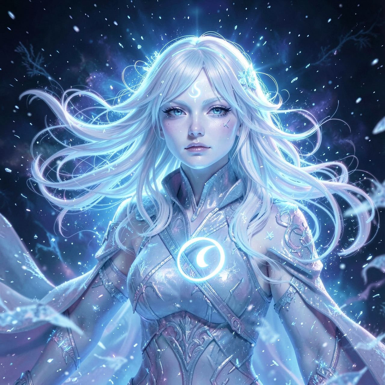 ethereal frozen oracle girl, pale icy skin, white-silver hair, luminous moon sigil, frost particles, cosmic silence, cinematic ultra-detailed