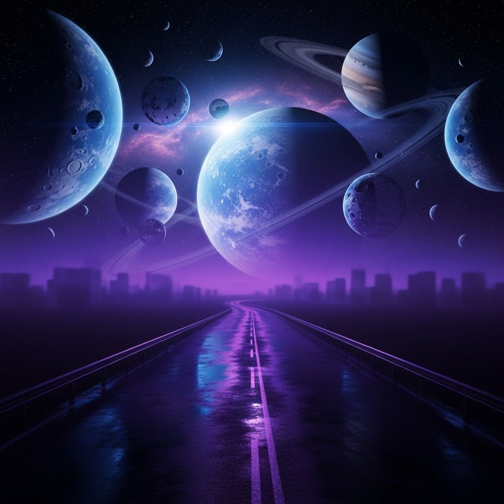 A dark, cinematic synthwave scene where a lonely night road fades into an otherworldly cosmic landscape. The city feels distant and abstract, barely visible through deep violet and blue mist. Above the horizon, massive planets and fractured moons glow softly, suspended in the dark sky like ancient celestial beings.