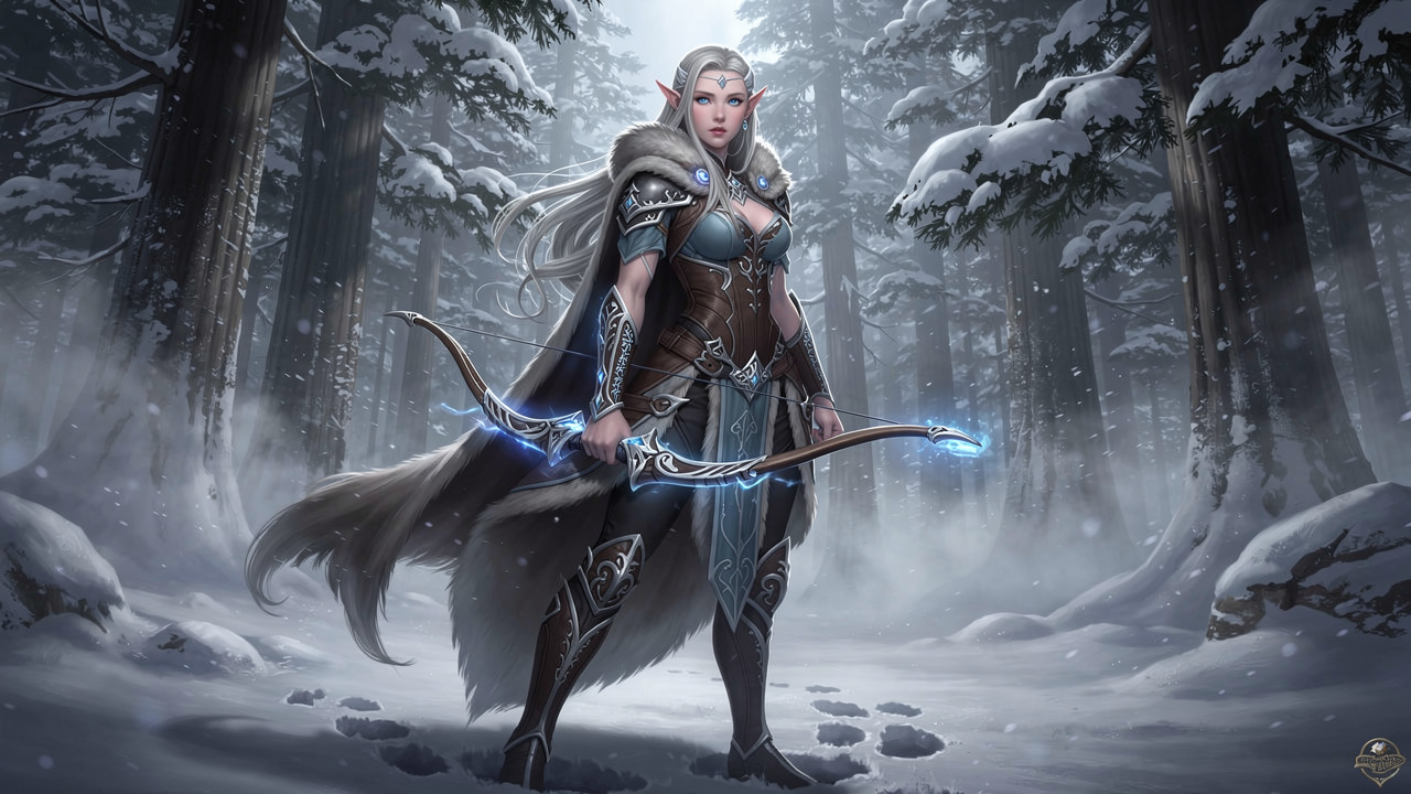 mystical young woman elf with silver hair and glowing blue eyes stands amidst an ancient, snow-laden forest, elven archer