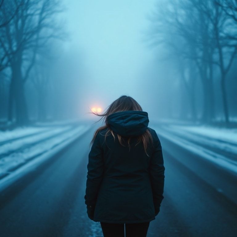 A girl with her back turned stands in a jacket on a winter road, an atmosphere of melancholy, loneliness and blue fog everywhere, as in dark ambient