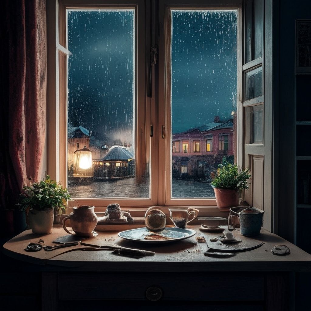 Обложка для музыкального сингла, кинематографичный кадр. Полночь, прихожая в мягком приглушенном свете. На переднем плане крупно на деревянном столе лежат ключи и стоят две чашки недопитого остывшего чая. На заднем плане — окно, залитое каплями дождя, за которым видна холодная ночная улица. В дверях застыли два меланхоличных силуэта. Атмосфера момента, когда нужно принять решение. Теплый свет внутри против синей тьмы снаружи. Высокая детализация, эстетика меланхолии