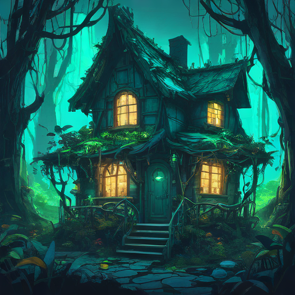 A dilapidated fairy tale cottage with glowing neon vines and flickering holographic mushrooms, nestled in a cyberpunk forest of towering bioluminescent trees, bathed in eerie blue-green neon light ...