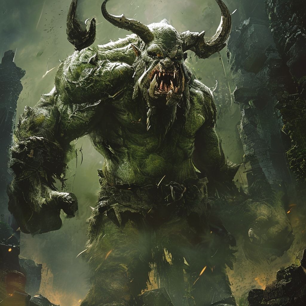 A towering, gigantic orc with thick, dark greenish skin, massive tusks, and sharp horns. The orc has a muscular build, fierce eyes, and a menacing expression. Dramatic lighting highlights its powerful form against a dark, misty forest background with ancient, crumbling ruins. Photorealistic style, epic fantasy atmosphere, high detail, dynamic composition.