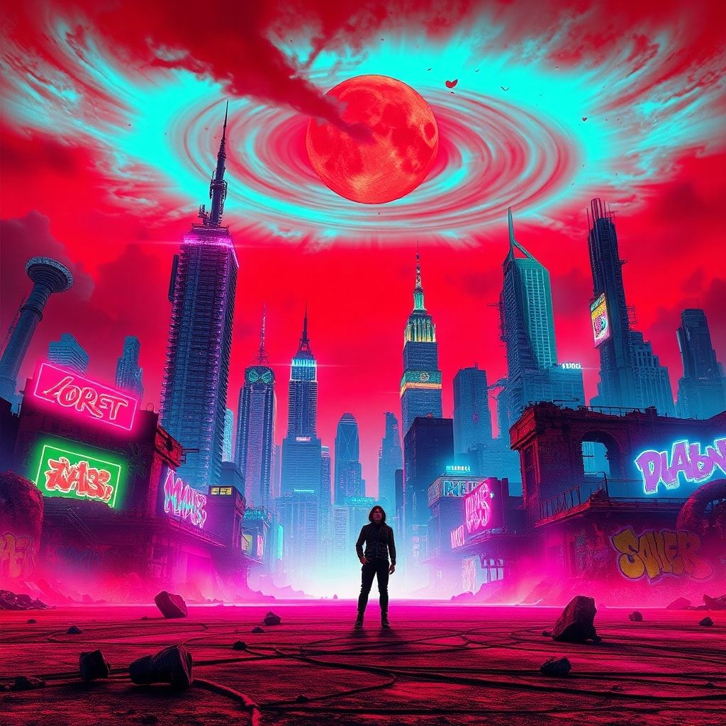 A vibrant, neon-lit wasteland under a blood-red sky, where skeletal skyscrapers glow with electric hues, graffiti-covered ruins pulse with psychedelic energy, and a lone figure in a retro-futuristi...