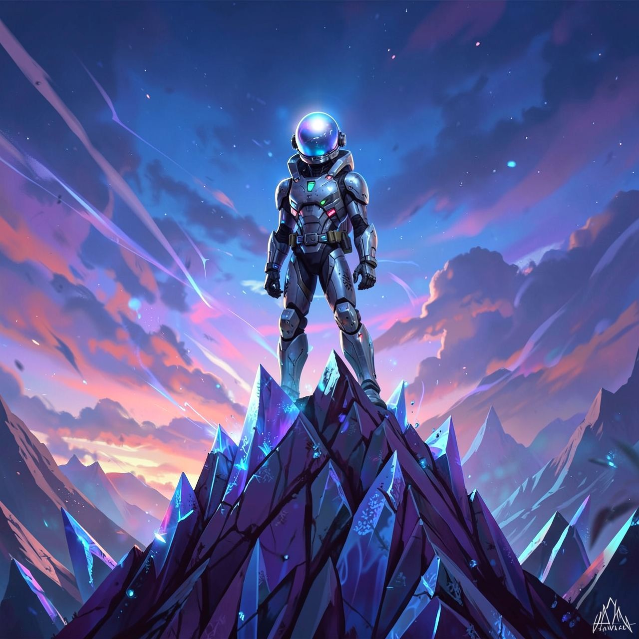 A lone astronaut in a sleek, futuristic exosuit stands atop a towering, razor-sharp crystalline ridge on a distant alien world, their helmet visor reflecting the haunting, ethereal glow of twin bio...