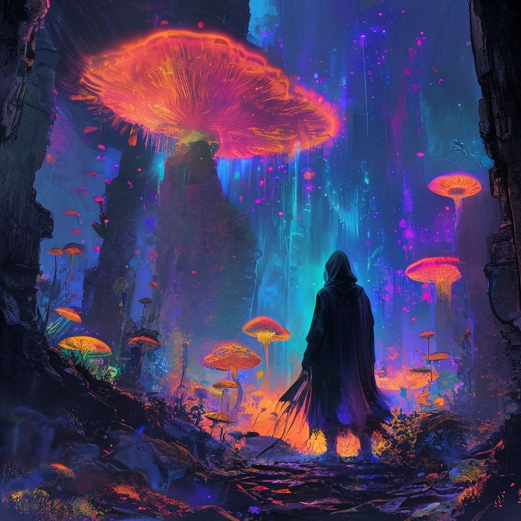 bioluminescent fungi pulse in the ruins below. A lone, hooded figure stands..