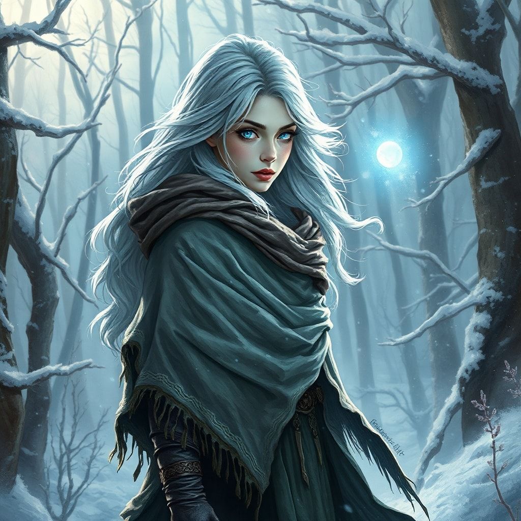 A mystical young woman with silver hair and glowing blue eyes stands amidst an ancient, snow-laden forest, her tattered cloak billowing in the icy wind as she gazes at a floating orb of ethereal li...