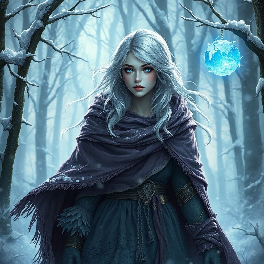 A mystical young woman with silver hair and glowing blue eyes stands amidst an ancient, snow-laden forest, her tattered cloak billowing in the icy wind as she gazes at a floating orb of ethereal li...