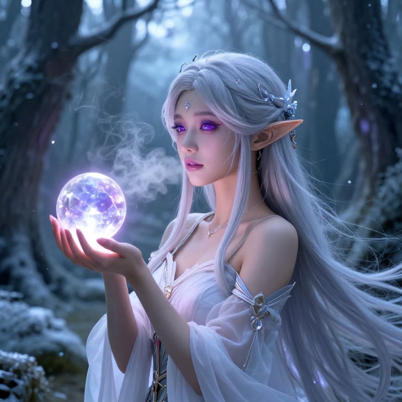 A delicate elven maiden with silver hair and luminous violet eyes stands poised in a frost-kissed enchanted forest, her breath visible in the crisp air as she gently cradles a glowing crystal orb. ...