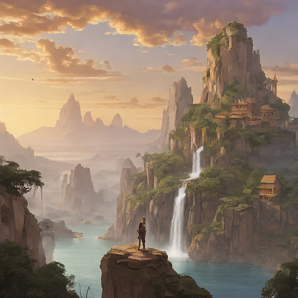 A vast expanse of floating islands drifts through a golden twilight sky, their jagged cliffs adorned with ancient ruins and cascading waterfalls. A lone adventurer stands atop the highest peak, sil...