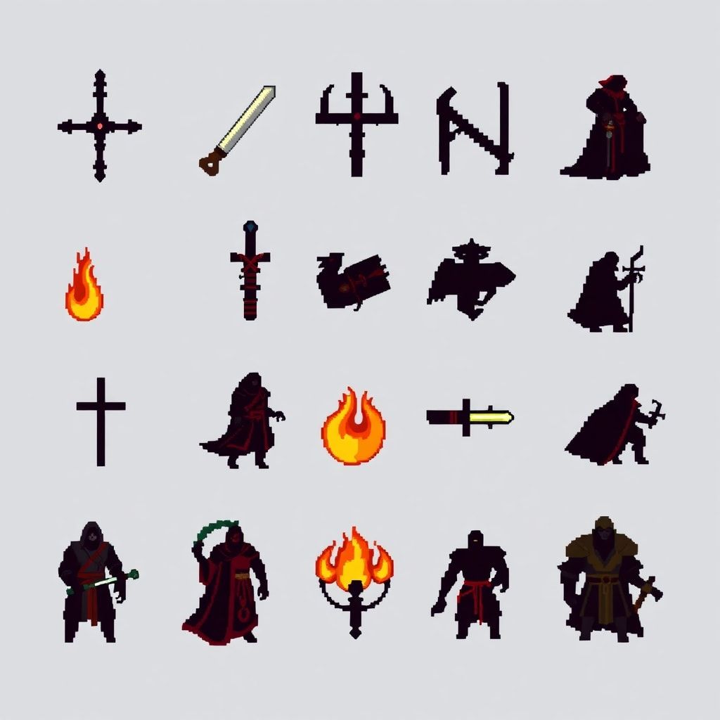 pixel art fantasy RPG UI icons pack, 16x16 pixels each, nordic medieval style, inspired by skyrim UI, dark outline, limited color palette, clean readable silhouettes, transparent background, retro pixel style, game ready icons, consistent lighting, grid aligned