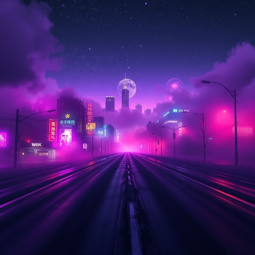 A dark synthwave cinematic scene: an empty night road cutting through a futuristic noir city, glowing with deep neon lights in purple, blue, and crimson. Thick fog drifts across the street, reflecting neon signs and distant skyscrapers. Above the city, the night sky opens into a surreal cosmic view — stars, nebula clouds, and faint galaxies blending into the urban skyline. The atmosphere is mysterious, epic, and cinematic, mixing cyberpunk noir with cosmic fantasy. High contrast lighting, dramatic perspective, wide-angle shot, neon reflections on wet asphalt, volumetric fog, deep shadows, subtle film grain, retro-futuristic color palette, epic dark mood, like a scene from a sci-fi movie.