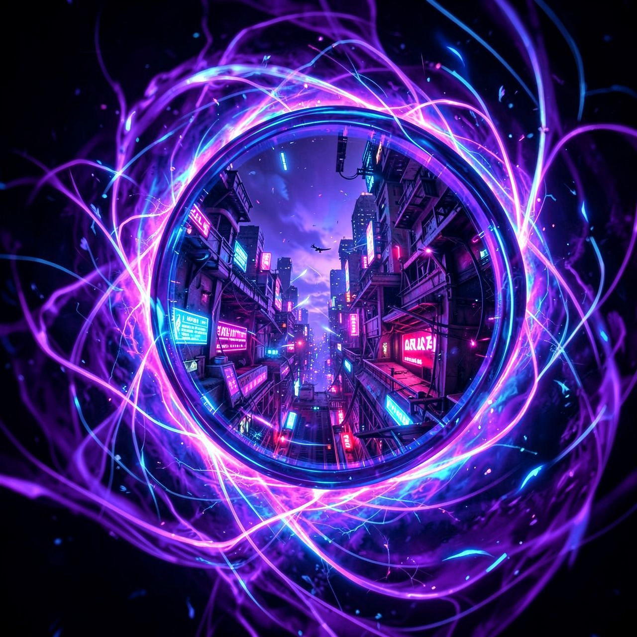 A surreal, bioluminescent mirror dimension portal swirls with fractal energy, revealing a twisted reflection of a cyberpunk cityscape bathed in neon violet and electric blue hues, with a lone figur...