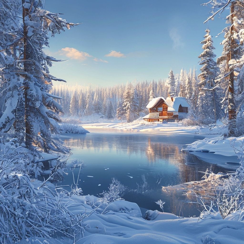 A breathtaking winter landscape featuring a frozen lake surrounded by snow-laden evergreen trees. In the distance, a cozy wooden cabin with a smoke rising from its chimney nestles among the trees. The sky is a clear, deep blue, and the low sun casts a soft, warm golden light across the scene, creating a magical and serene atmosphere. The snow on the ground and trees is detailed with a crisp, photorealistic texture, emphasizing the cold, fresh air. The composition is balanced, with the lake leading the eye towards the cabin, evoking a sense of peaceful solitude and winter wonder.