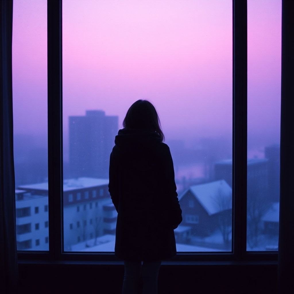 A girl stands inside a quiet room, facing away, looking out through a window. Outside, a foggy February winter unfolds — light snowfall drifts slowly through the air, and the sky glows with soft violet and muted purple tones. The city beyond the glass feels distant and blurred by mist. Cold winter light enters the room gently, casting subtle shadows. The atmosphere is calm, introspective, and emotional, capturing a moment of stillness and inner change. Cinematic composition, soft diffused lighting, shallow depth of field, cool color palette with violet accents, misty winter mood, realistic textures, gentle film grain, intimate and poetic atmosphere, like a scene from a quiet winter film.