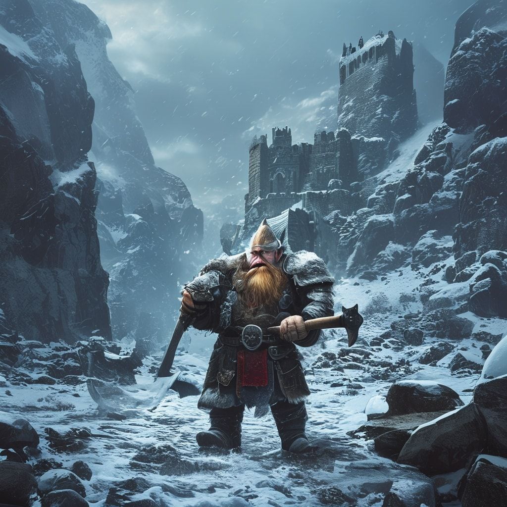 A dwarf stands in an icy valley with an axe and in armor - a stone castle is visible in the valley. The scene is set in a cold, snowy landscape with ice and snow covering the ground. The dwarf is wearing detailed medieval-style armor, holding a large battle axe. The background features a majestic stone castle built into the mountains, with towers and walls partially covered in snow. The lighting is dramatic, with a cold, overcast sky casting a blue-gray tone over the scene. Photorealistic style, high detail, epic fantasy setting.