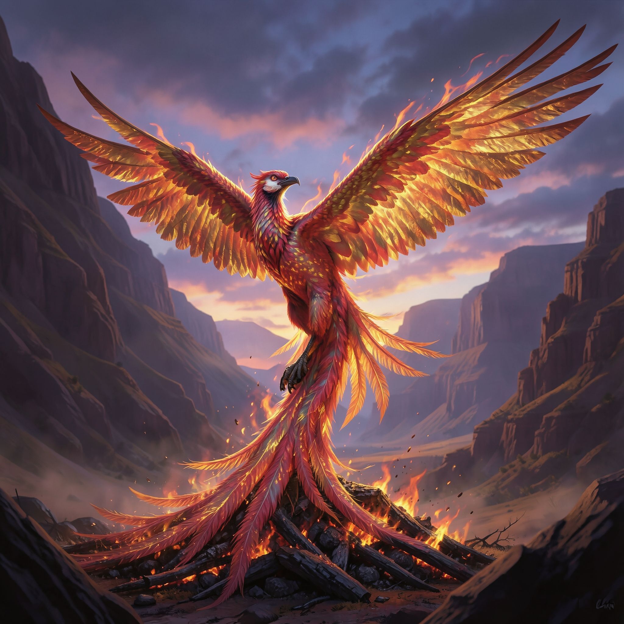 A majestic phoenix, its iridescent plumage shimmering in golden and crimson flames, ascends gracefully from a smoldering ash mound in a vast, windswept canyon at dusk, its wings casting dramatic si...