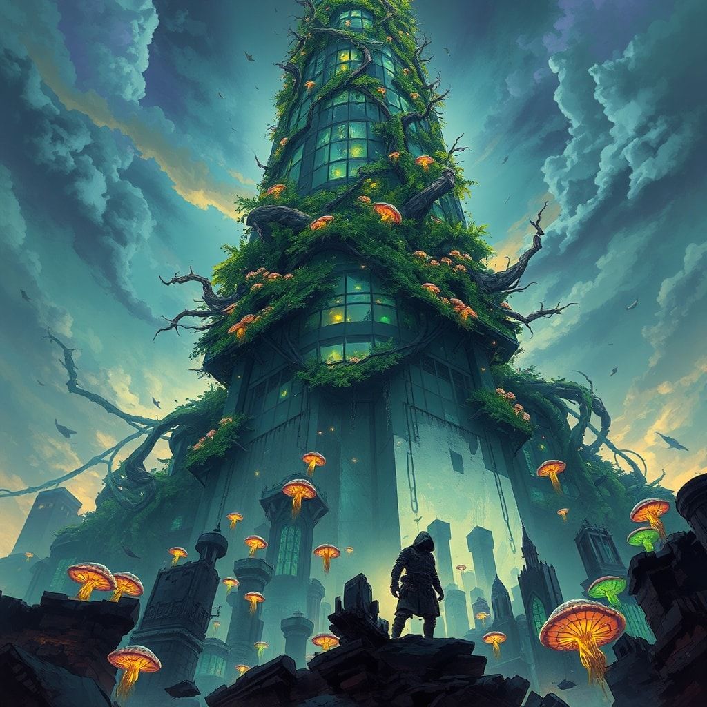 A towering, vine-choked skyscraper looms over a fractured metropolis, its glass panes shattered like dragon scales, while bioluminescent fungi pulse in the ruins below. A lone, hooded figure stands...