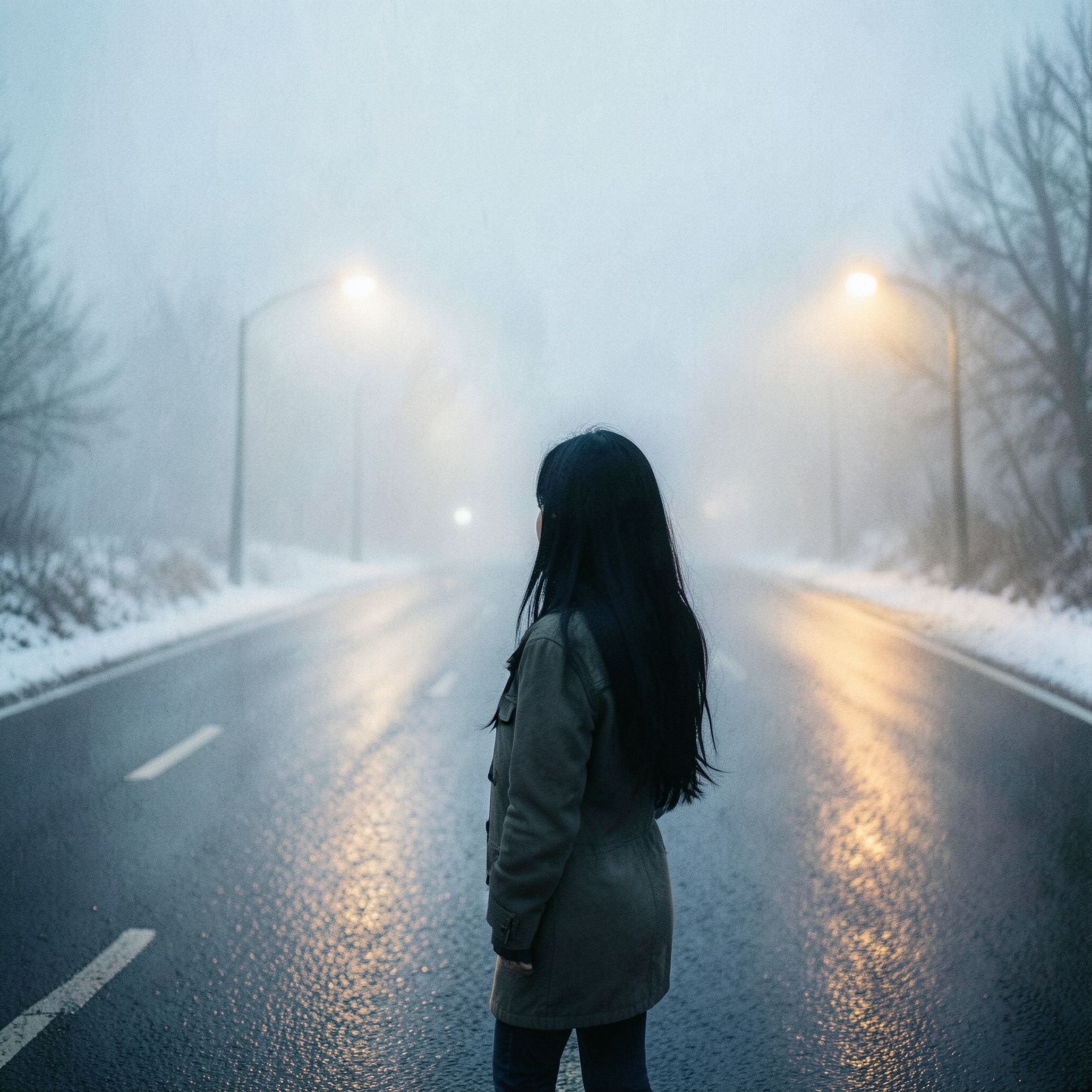 A girl with long black hair stands facing away, looking into the distance on a foggy road. The winter atmosphere feels cold and damp, like after a light rain. Thick February fog drifts across the empty road, reflecting soft, muted streetlight glow. The ground is slightly wet, adding subtle reflections. Pale blue and gray tones dominate the scene. The mood is quiet, melancholic, and cinematic, as if frozen in time. Cinematic composition, wide-angle shot, soft diffused lighting, shallow depth of field, realistic textures, gentle film grain, emotional winter atmosphere, like a scene from a slow, intimate film.