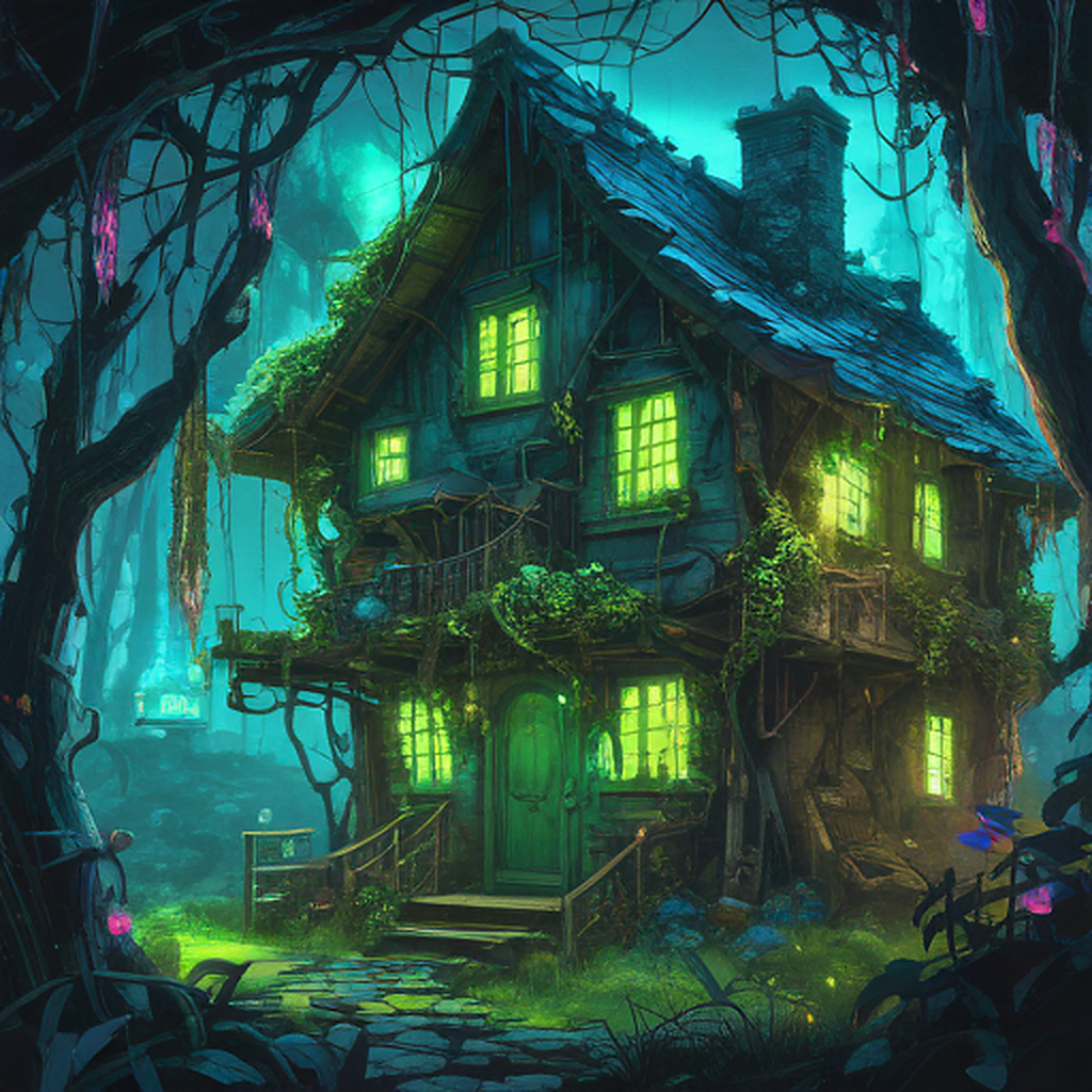 A dilapidated fairy tale cottage with glowing neon vines and flickering holographic mushrooms, nestled in a cyberpunk forest of towering bioluminescent trees, bathed in eerie blue-green neon light ...