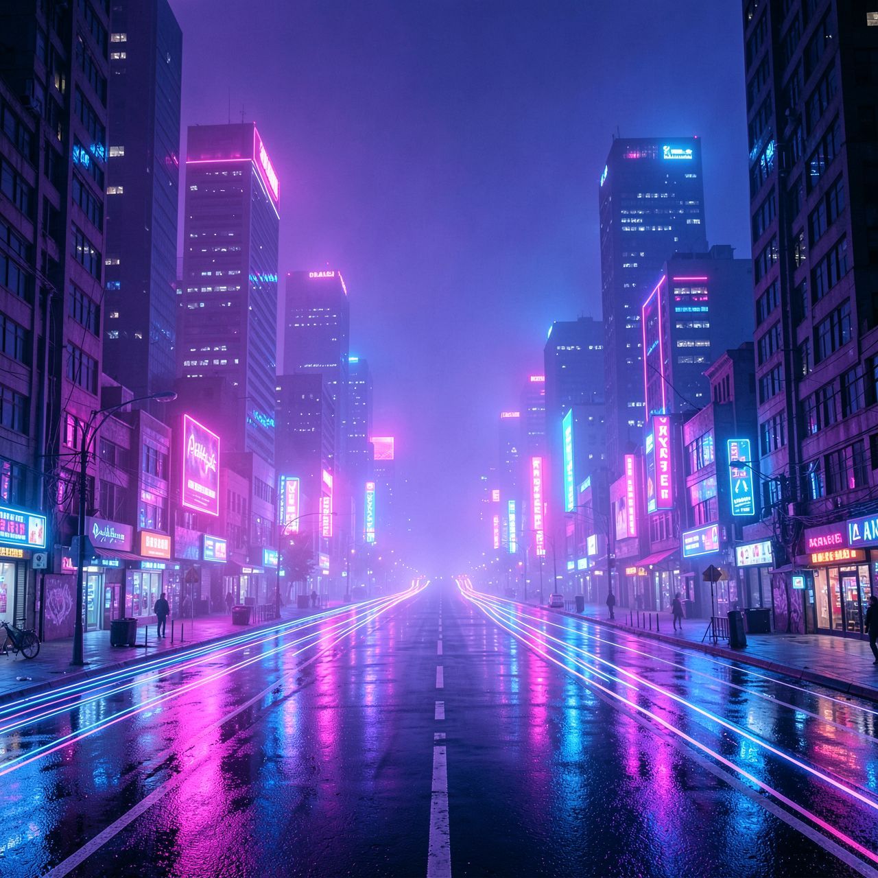 A cinematic synthwave cyberpunk city at night: endless neon-lit roads stretch through a futuristic metropolis. Skyscrapers glow with pink, purple, and electric blue lights, disappearing into thick violet-blue fog. Wet asphalt reflects pure neon light and abstract holographic glow, creating a dreamlike, retro-futuristic atmosphere. The city feels vast, lonely, and epic, like the fall of a digital world. Strong synthwave aesthetics, 80s cyberpunk mood, glowing lights, neon haze, wide-angle perspective, cinematic lighting, retro-futurism, ultra-detailed, high contrast, album cover, 4K, no text, no letters, no symbols, no logos, no signage.
