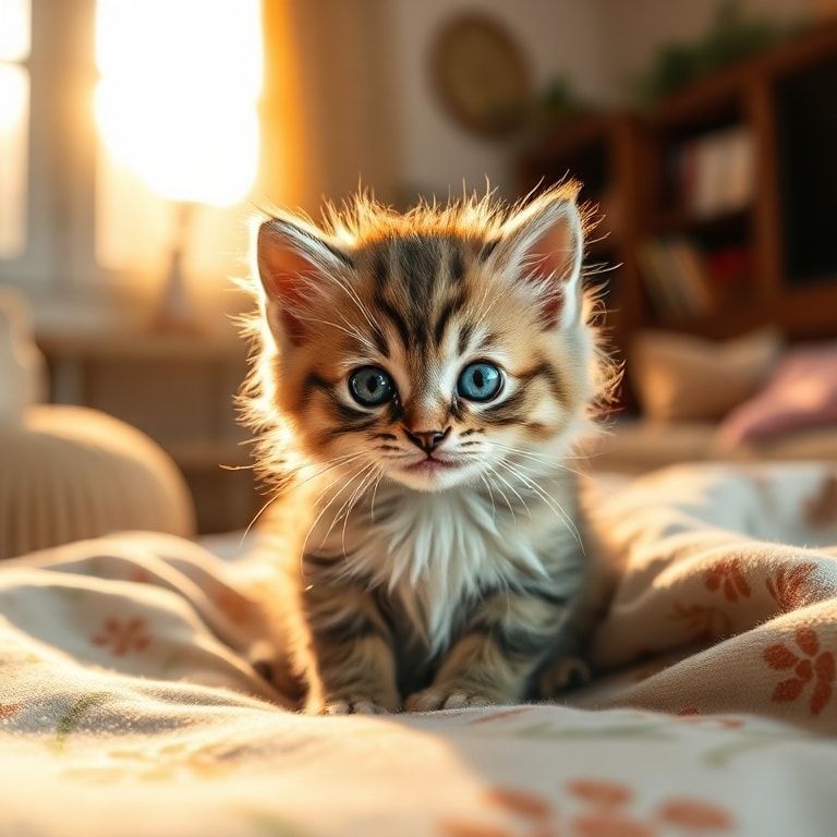 A cute, fluffy kitten with bright blue eyes, sitting on a soft, patterned blanket in a cozy living room with warm, natural sunlight streaming through a window. The kitten is looking directly at the viewer with a curious and playful expression. Photorealistic style, high detail, vibrant colors, 4K resolution, 1024x1024 pixels.
