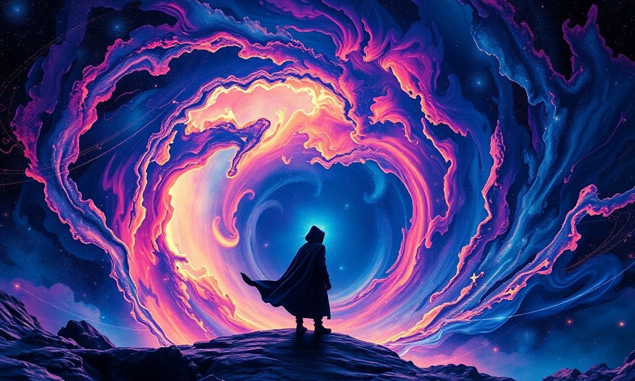 A solitary traveler, cloaked in deep indigo, stands at the edge of a cosmic maelstrom, their form etched in stark contrast against the kaleidoscopic storm of fractal energy. The vortex pulses with ...