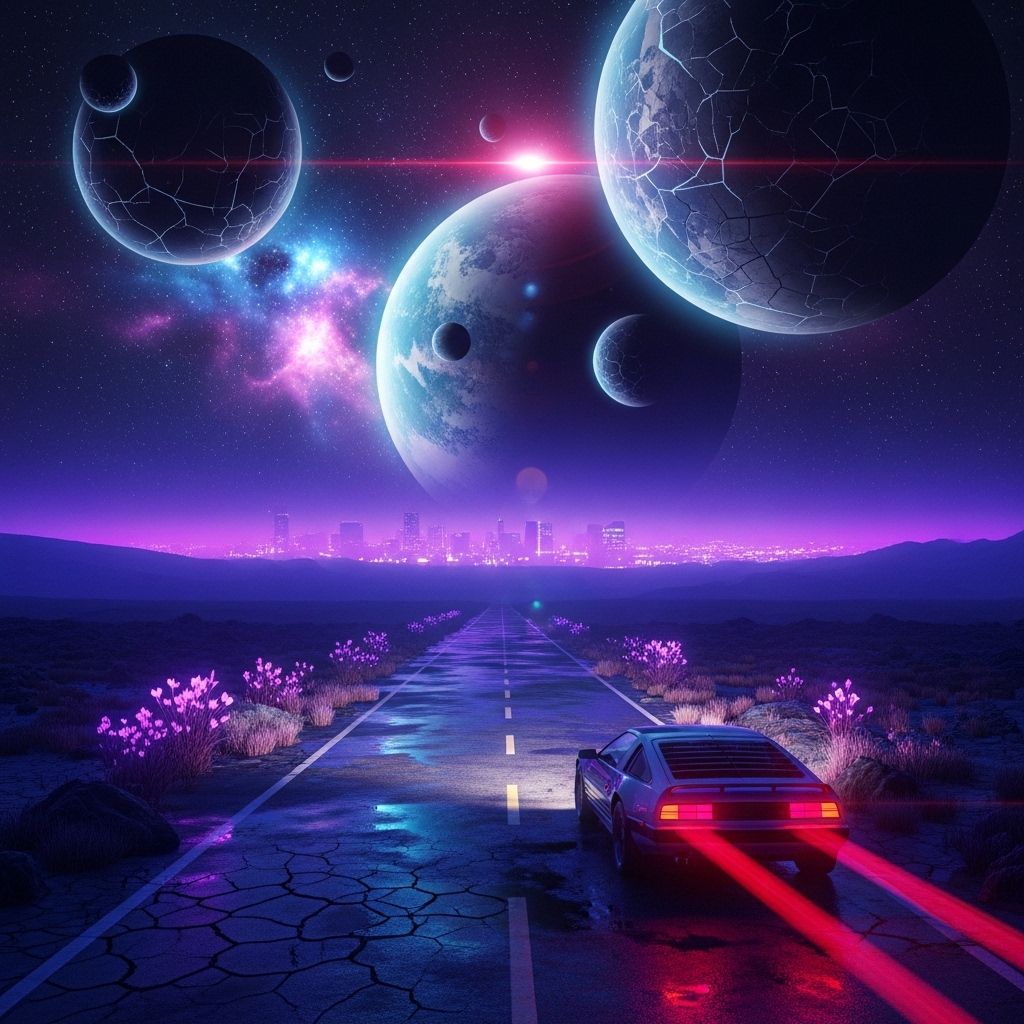 A dark, cinematic synthwave scene where a lonely night road fades into an otherworldly cosmic landscape. The city feels distant and abstract, barely visible through deep violet and blue mist. Above the horizon, massive planets and fractured moons glow softly, suspended in the dark sky like ancient celestial beings.