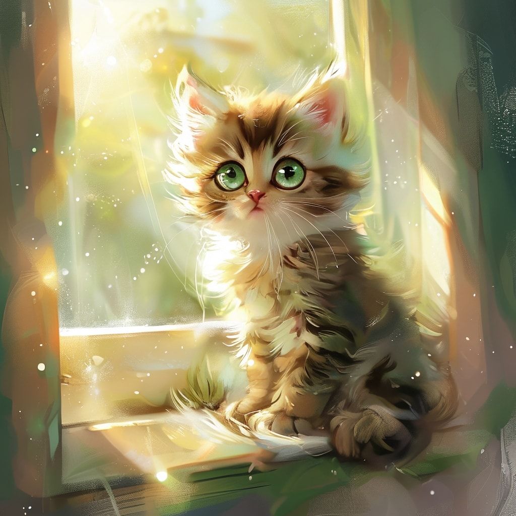 A cute and fluffy kitten with bright green eyes, sitting on a windowsill with sunlight streaming through the window, in a whimsical cartoon style, soft colors, cozy atmosphere, detailed fur texture, high quality, 1024x1024 pixels