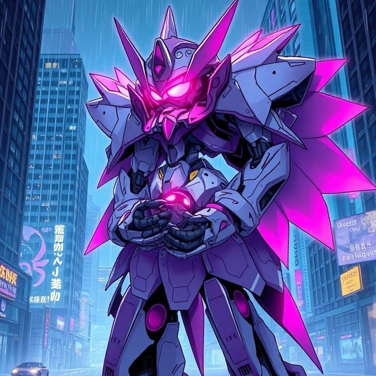 A delicate shoujo manga-style mecha with flowing, petal-like armor stands amidst a rain-soaked neon city, its glowing pink eyes reflecting shattered skyscrapers as it cradles a wounded enemy pilot ...