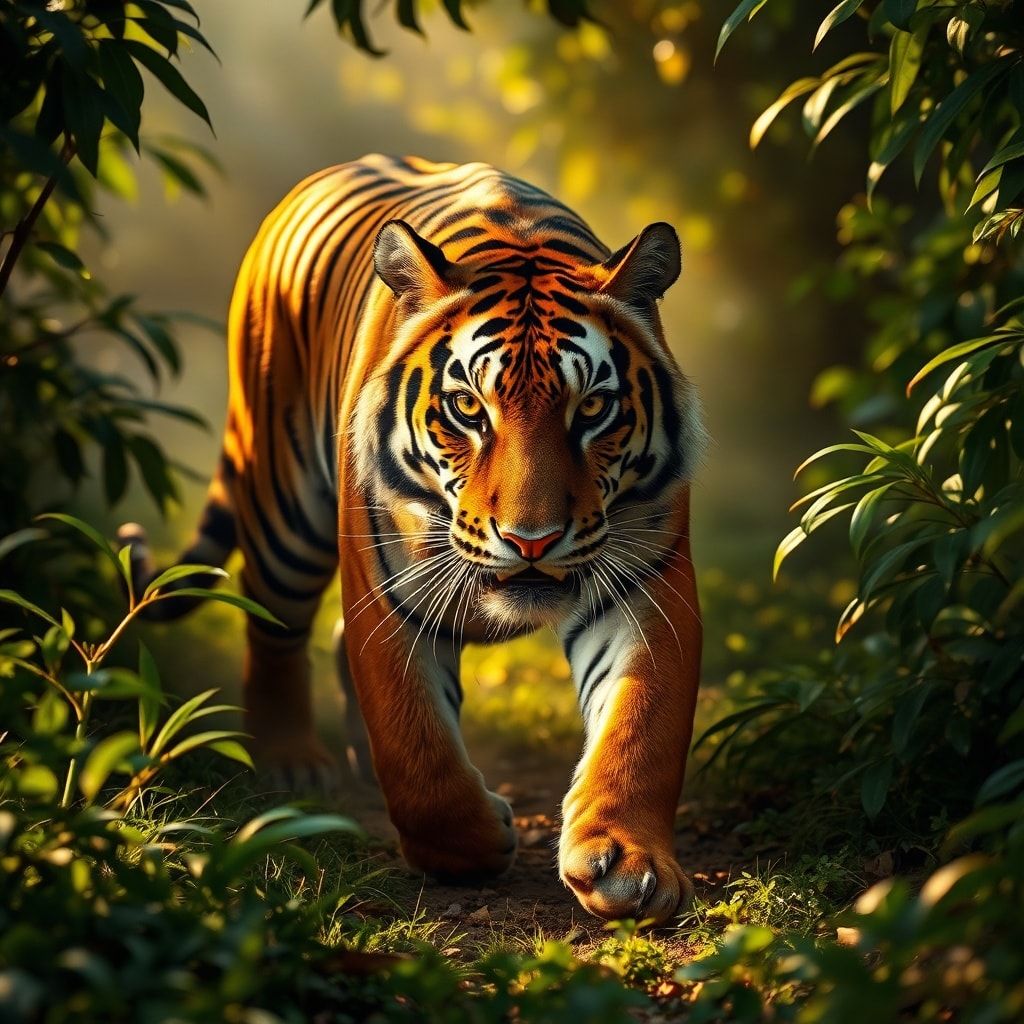 A majestic Bengal tiger prowls through a dense, misty jungle at dawn, golden sunlight filtering through emerald foliage, casting dappled shadows. Its amber eyes gleam with intensity as it moves wit...